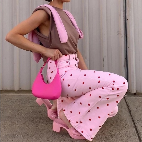 Heart pants bottoms trouser pink hearts flared womenâs - Picture 8 of 10